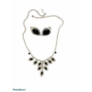 Vintage Rhinestone Necklace Earrings Black Clear Jewelry Set Bling Fashion